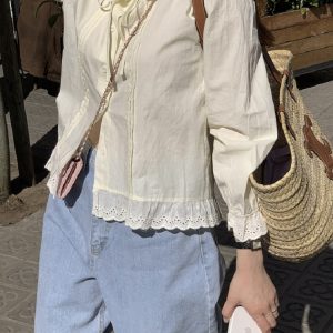 Milk Yellow Ruffled Bubble Shirt with Crochet Lace Top - Korean Style Trendy Blouse for a Chic Y2K Look