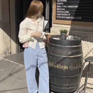 Milk Yellow Ruffled Bubble Shirt with Crochet Lace Top - Korean Style Trendy Blouse for a Chic Y2K Look