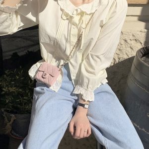 Milk Yellow Ruffled Bubble Shirt with Crochet Lace Top - Korean Style Trendy Blouse for a Chic Y2K Look
