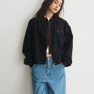 Minimalist Black Cotton Baseball Jacket for Women - Versatile Short Padded Coat, Perfect for Casual 90s and Y2K Style