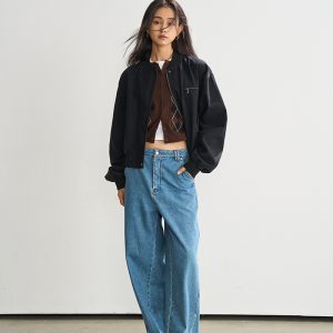 Minimalist Black Cotton Baseball Jacket for Women - Versatile Short Padded Coat, Perfect for Casual 90s and Y2K Style