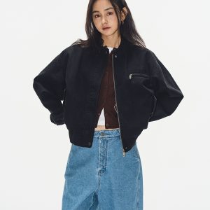 Minimalist Black Cotton Baseball Jacket for Women - Versatile Short Padded Coat, Perfect for Casual 90s and Y2K Style