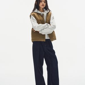 Minimalist Cotton Vest for Women - Layered Sleeveless Workwear Jacket in Pickled Mustard Yellow for Autumn Winter Fashion