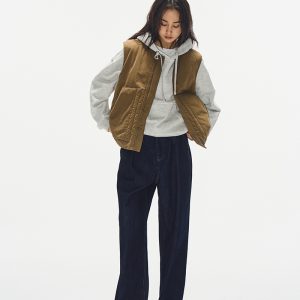 Minimalist Cotton Vest for Women - Layered Sleeveless Workwear Jacket in Pickled Mustard Yellow for Autumn Winter Fashion