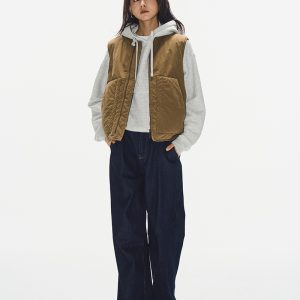 Minimalist Cotton Vest for Women - Layered Sleeveless Workwear Jacket in Pickled Mustard Yellow for Autumn Winter Fashion