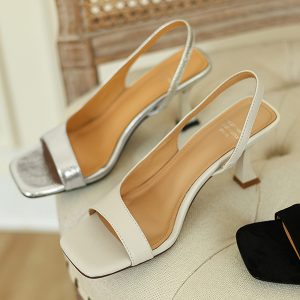 Minimalist French-Style Square-Toe Open-Toe Sandals - 2025 Summer Genuine Leather Thin-Heeled Silver High Heels