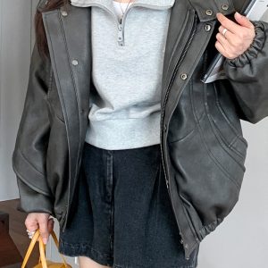 Minimalist Gray Half-Zip Sweatshirt for Women - Casual Long Sleeve Top for Autumn 2023, American Style Fashion