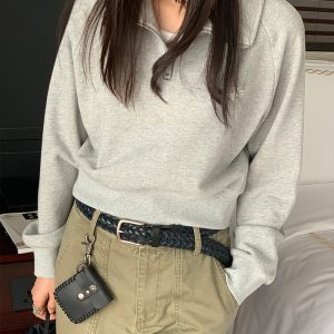 Minimalist Gray Half-Zip Sweatshirt for Women - Casual Long Sleeve Top for Autumn 2023, American Style Fashion