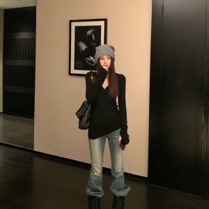 Minimalist Hooded Knitted T-Shirt for Women - Slim Fit Long Sleeve Top, Spring Fashion Essential