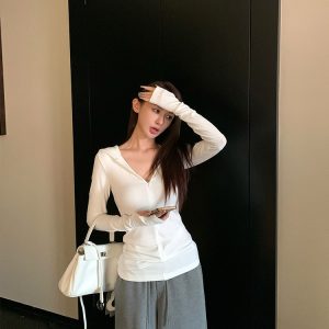 Minimalist Hooded Knitted T-Shirt for Women - Slim Fit Long Sleeve Top, Spring Fashion Essential