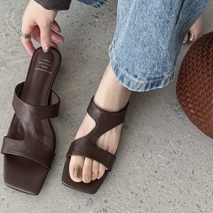 Minimalist Lambskin French Square-Toe Wedge Slide Sandals for Women - Summer 2025 High-End Casual Low-Heeled Slippers
