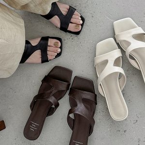 Minimalist Lambskin French Square-Toe Wedge Slide Sandals for Women - Summer 2025 High-End Casual Low-Heeled Slippers
