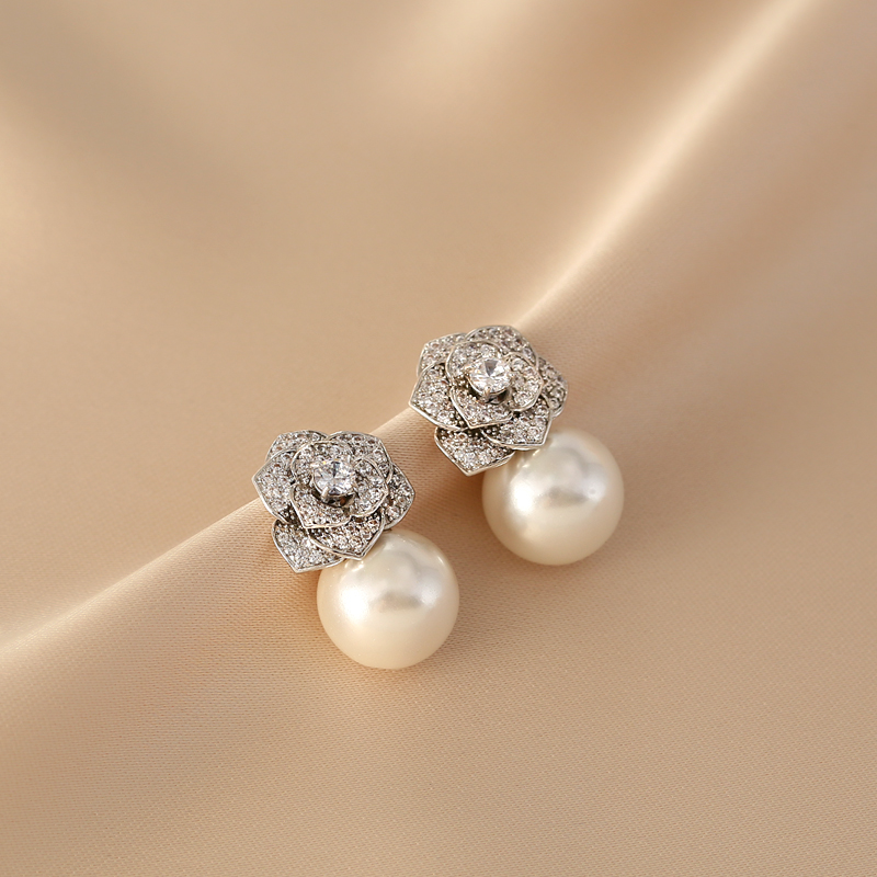 Minimalist Pearl Stud Earrings for Women, Vintage S925 Silver Drop Earrings with Sparkly Rhinestone Camellia Detail, Elegant Style