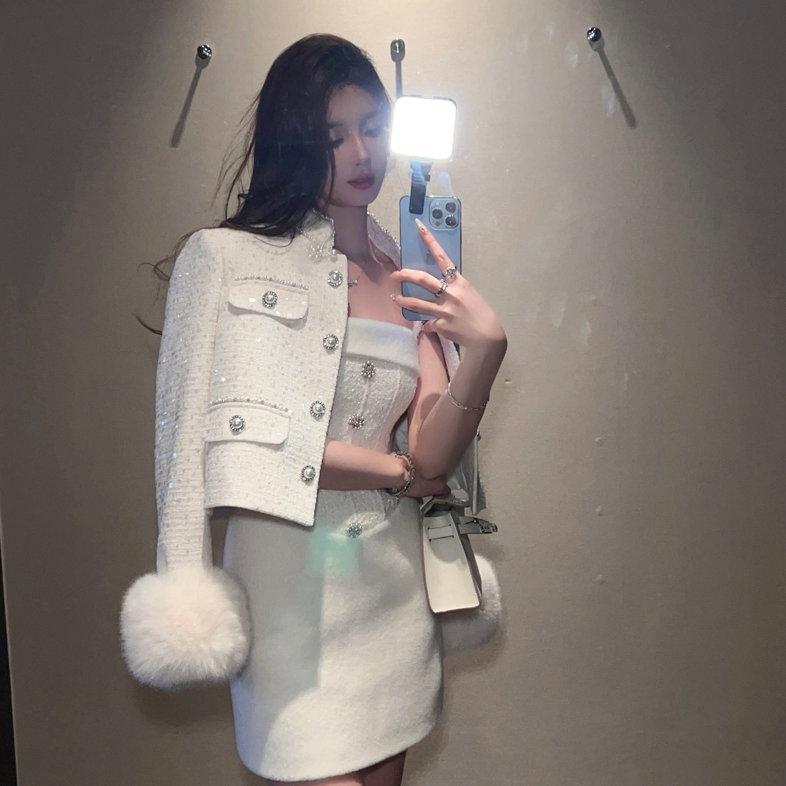 Mink Velvet White Woolen Suspender Dress for Autumn Winter - Heavy-Duty Fitted Short Skirt, Cozy Layering Essential