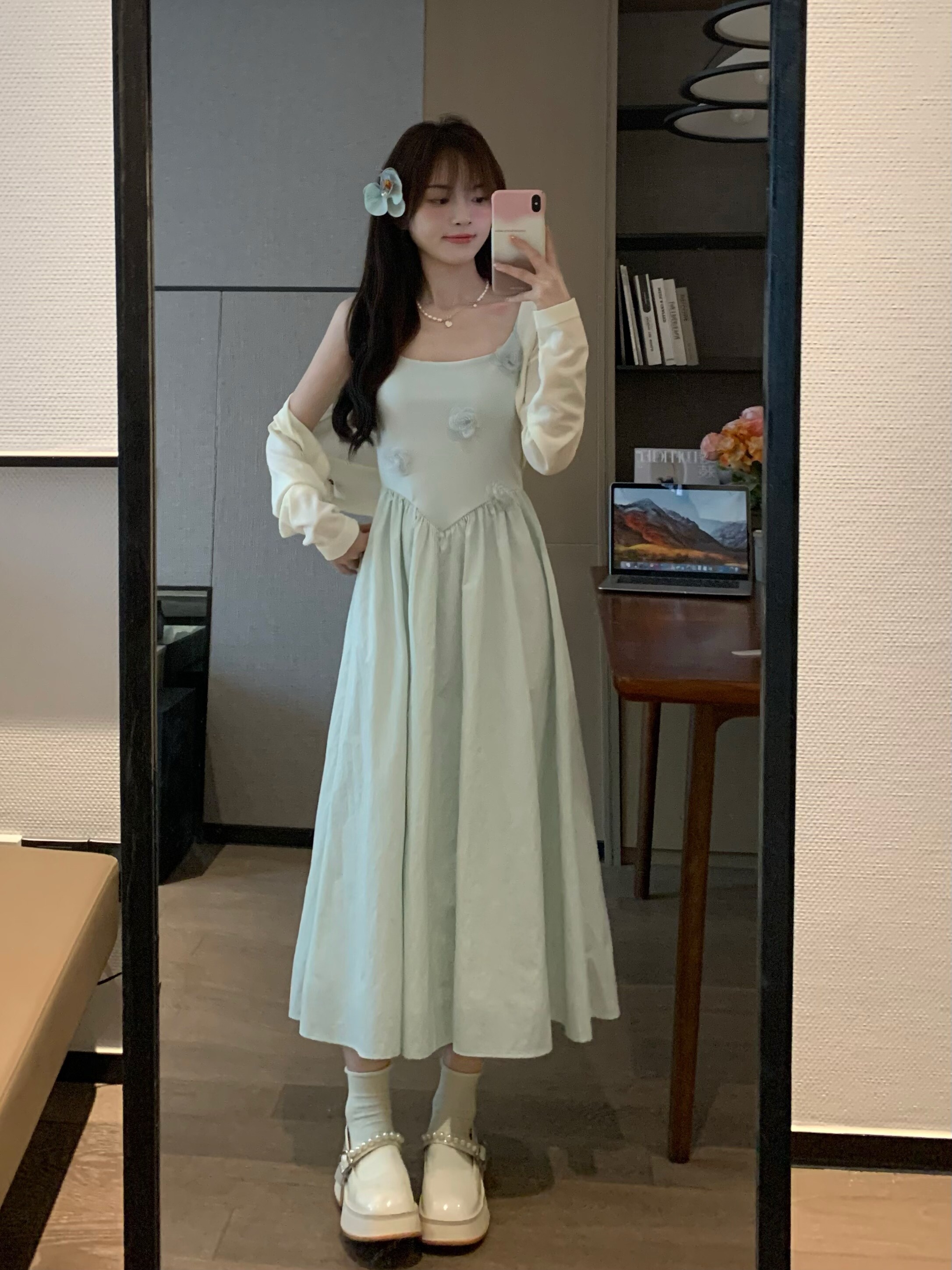 Mint Green Camisole Long Dress with Waist-Cinching Slimming Effect for Summer - Elegant, Lightweight, Perfect for 90s and Y2K Style