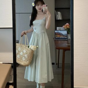 Mint Green Camisole Long Dress with Waist-Cinching Slimming Effect for Summer - Elegant, Lightweight, Perfect for 90s and Y2K Style