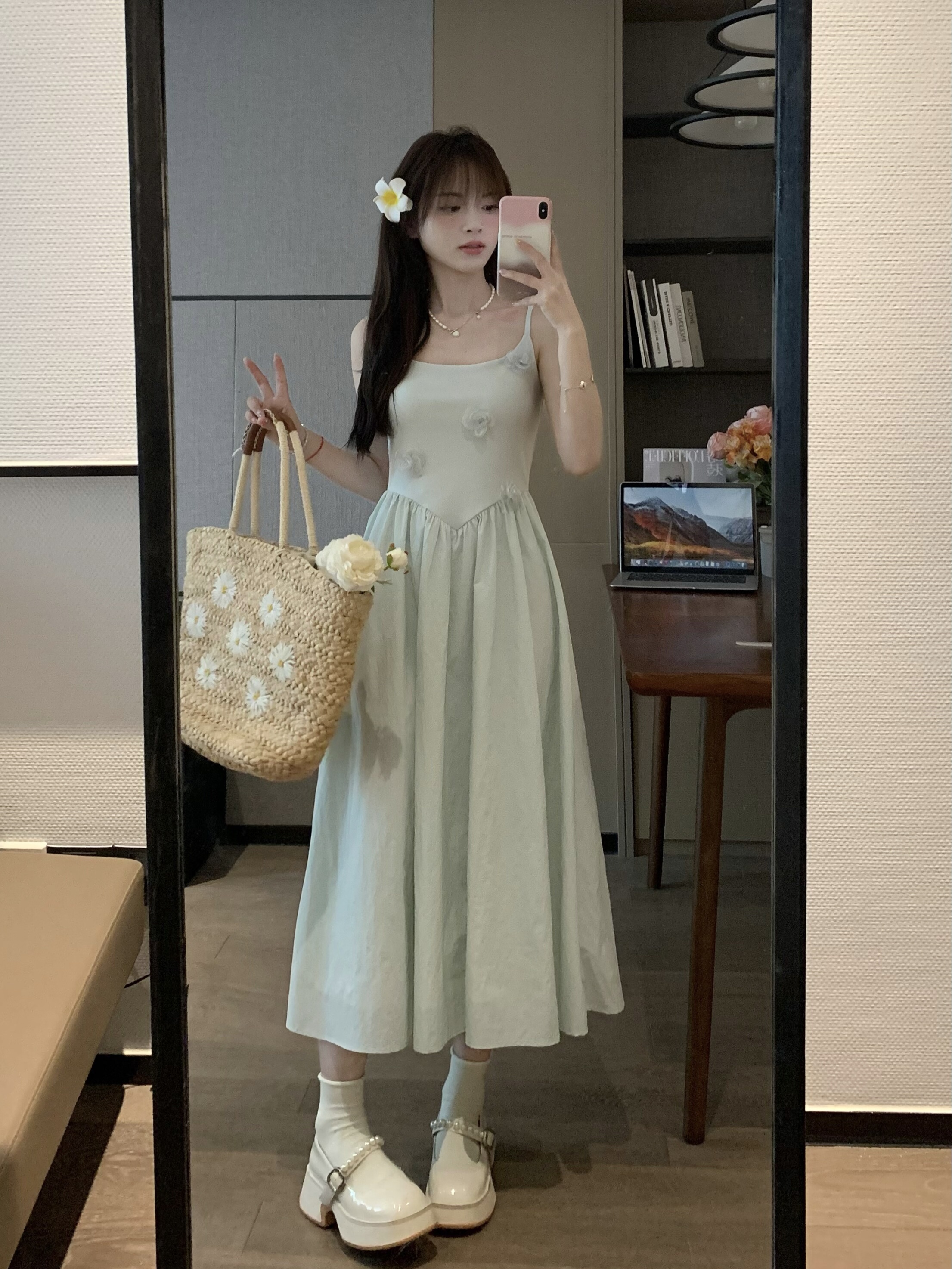 Mint Green Camisole Long Dress with Waist-Cinching Slimming Effect for Summer - Elegant, Lightweight, Perfect for 90s and Y2K Style