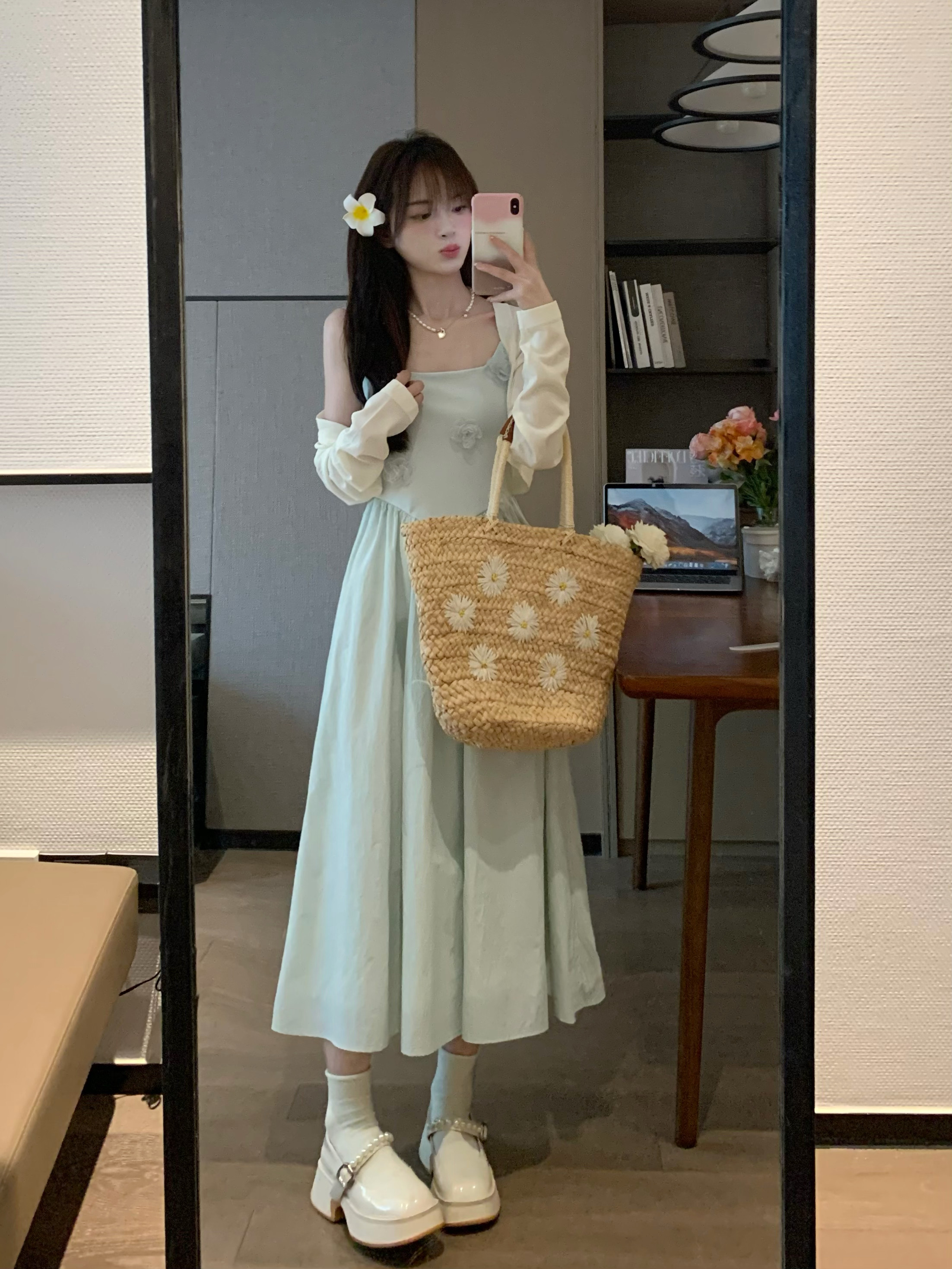 Mint Green Camisole Long Dress with Waist-Cinching Slimming Effect for Summer - Elegant, Lightweight, Perfect for 90s and Y2K Style