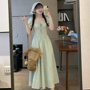 Mint Green Minimalist High-End Short Sleeve Dress for Summer - Sweet Momo Style, Perfect for Casual Outings and Y2K Fashion Trends
