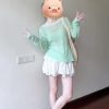 Mint Green Sheer Long Sleeve T-Shirt for Women, Mambo Lace Patchwork Hollow-Out Design, Relaxed Spring Style Top