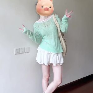 Mint Green Sheer Long Sleeve T-Shirt for Women, Mambo Lace Patchwork Hollow-Out Design, Relaxed Spring Style Top