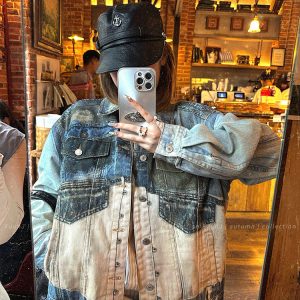 Mixed Denim Punk Heavy-Duty Spliced Loose Denim Jacket for Women - Vintage 90s Style Outerwear