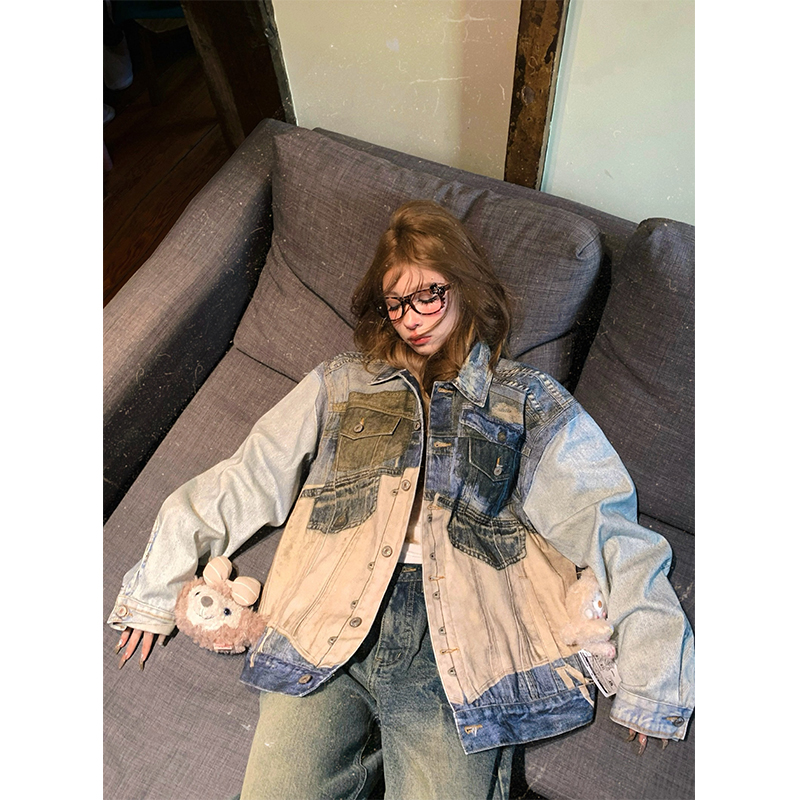 Mixed Denim Punk Heavy-Duty Spliced Loose Denim Jacket for Women - Vintage 90s Style Outerwear