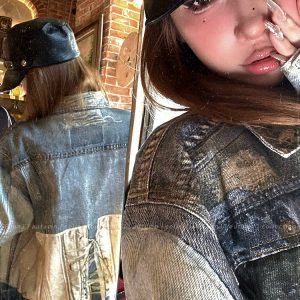 Mixed Denim Punk Heavy-Duty Spliced Loose Denim Jacket for Women - Vintage 90s Style Outerwear