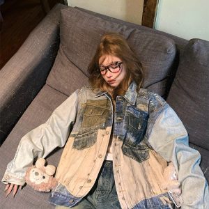 Mixed Denim Punk Heavy-Duty Spliced Loose Denim Jacket for Women - Vintage 90s Style Outerwear