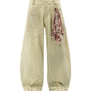 Mud Dyed Dirty Yellow Wide-Leg Denim Pants - Vintage American Style Curved Blade Design, Perfect for Y2K and 90s Fashion Lovers