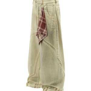 Mud Dyed Dirty Yellow Wide-Leg Denim Pants - Vintage American Style Curved Blade Design, Perfect for Y2K and 90s Fashion Lovers