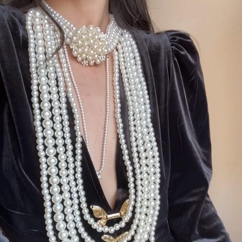 Multi-Layer Flower Pearl Necklace | Vintage Long Tassel Sweater Chain Accessory for Evening Wear, Boho and Creative Style