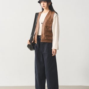 Multi-Pocket V-Neck Leather Vest in Coffee Color - Women's PU Leather Waistcoat Outerwear, Trendy 90s Style Fashion