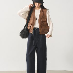 Multi-Pocket V-Neck Leather Vest in Coffee Color - Women's PU Leather Waistcoat Outerwear, Trendy 90s Style Fashion