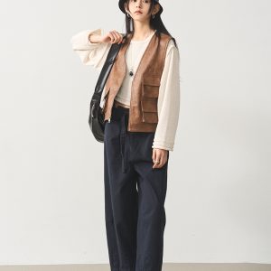 Multi-Pocket V-Neck Leather Vest in Coffee Color - Women's PU Leather Waistcoat Outerwear, Trendy 90s Style Fashion