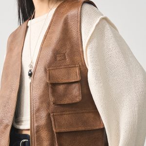 Multi-Pocket V-Neck Leather Vest in Coffee Color - Women's PU Leather Waistcoat Outerwear, Trendy 90s Style Fashion