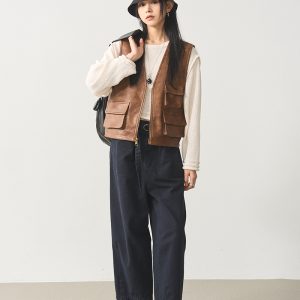 Multi-Pocket V-Neck Leather Vest in Coffee Color - Women's PU Leather Waistcoat Outerwear, Trendy 90s Style Fashion