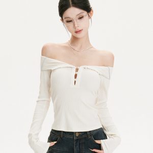 Multi-Wear French Knitted Long Sleeve Off-Shoulder Top - Slim Fit Sexy Style for Hot Girls, Y2K Fashion Essential