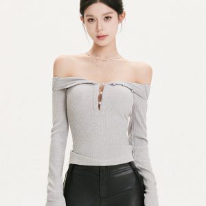 Multi-Wear French Knitted Long Sleeve Off-Shoulder Top - Slim Fit Sexy Style for Hot Girls, Y2K Fashion Essential