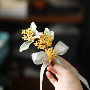 National Style Sweet Girl Hair Accessories - Osmanthus Long Ribbons Side Hair Clips for Hanfu and Ancient Style Looks
