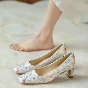 National Style Wedding Shoes for Chinese Brides - Comfortable Chunky Heel Qipao Shoes for Mother of the Bride