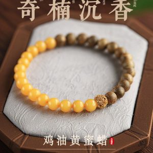 Natural Agarwood and Sandalwood Bracelet for Women, Calming Sleep Aid, High-End Beeswax Amber Collectible Jewelry