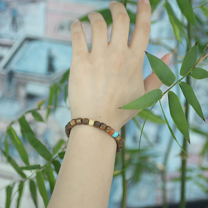 Natural Agarwood Bracelet for Women, Genuine Anshen Wood, Nanhong, Turquoise & Beeswax, Chinese Style Fashion Accessory