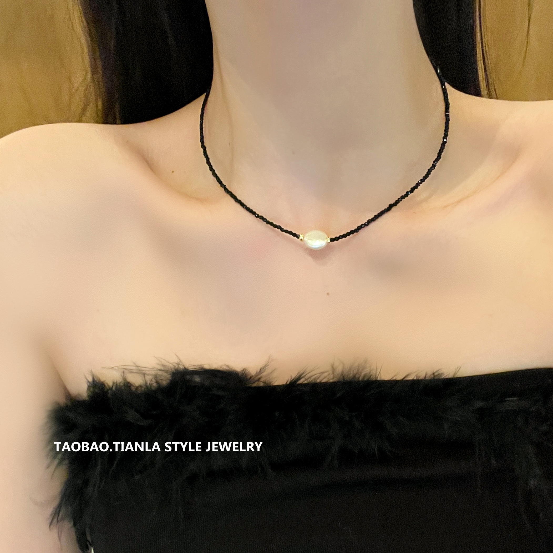 Natural Baroque Pearl Necklace for Women, Summer Light Luxury Black Crystal Choker, Versatile Niche Ins Style