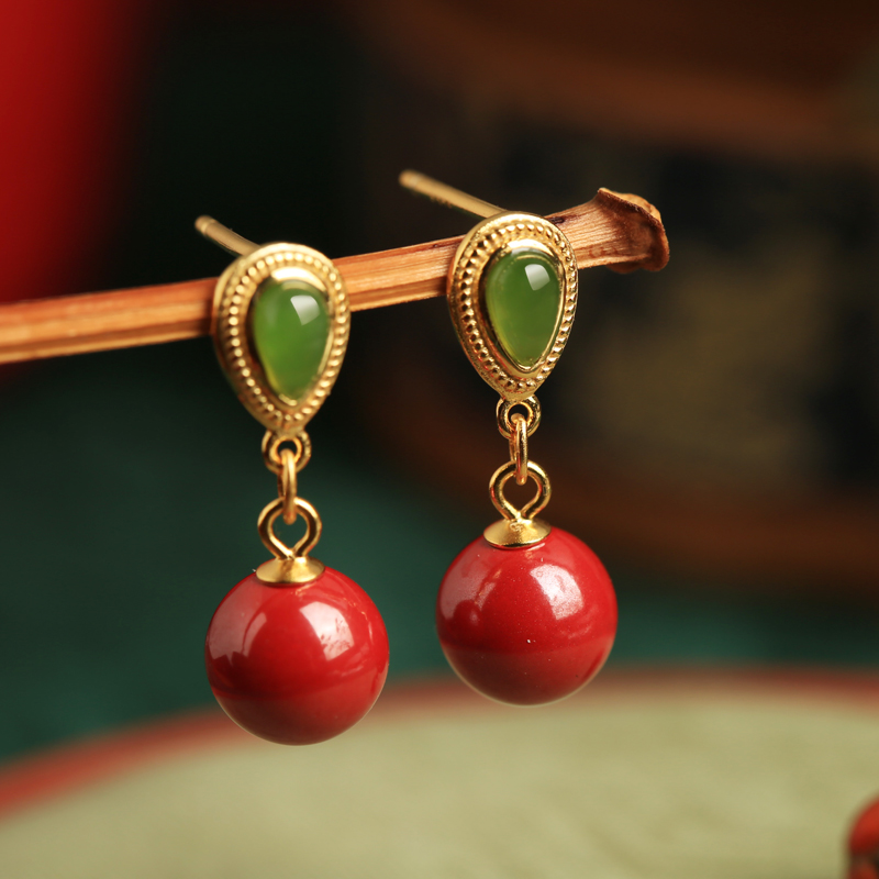 Natural Cinnabar Pure Silver Water Drop Earrings with Hetian Jade - Red Retro Light Luxury Ear Pendants for Women