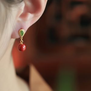 Natural Cinnabar Pure Silver Water Drop Earrings with Hetian Jade - Red Retro Light Luxury Ear Pendants for Women