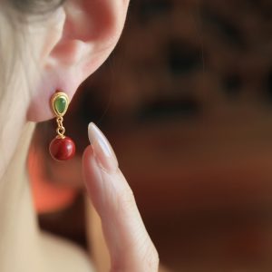 Natural Cinnabar Pure Silver Water Drop Earrings with Hetian Jade - Red Retro Light Luxury Ear Pendants for Women