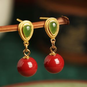 Natural Cinnabar Pure Silver Water Drop Earrings with Hetian Jade - Red Retro Light Luxury Ear Pendants for Women
