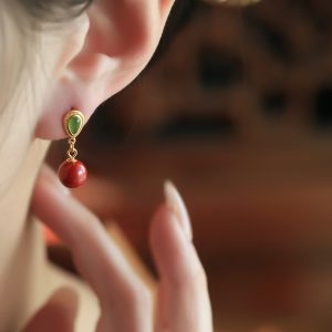 Natural Cinnabar Pure Silver Water Drop Earrings with Hetian Jade - Red Retro Light Luxury Ear Pendants for Women