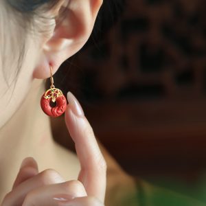 Natural Cinnabar Raw Stone Peace Buckle Silver Earrings for Women - Red Chinese Style National Wind Zodiac Year Ear Pendants